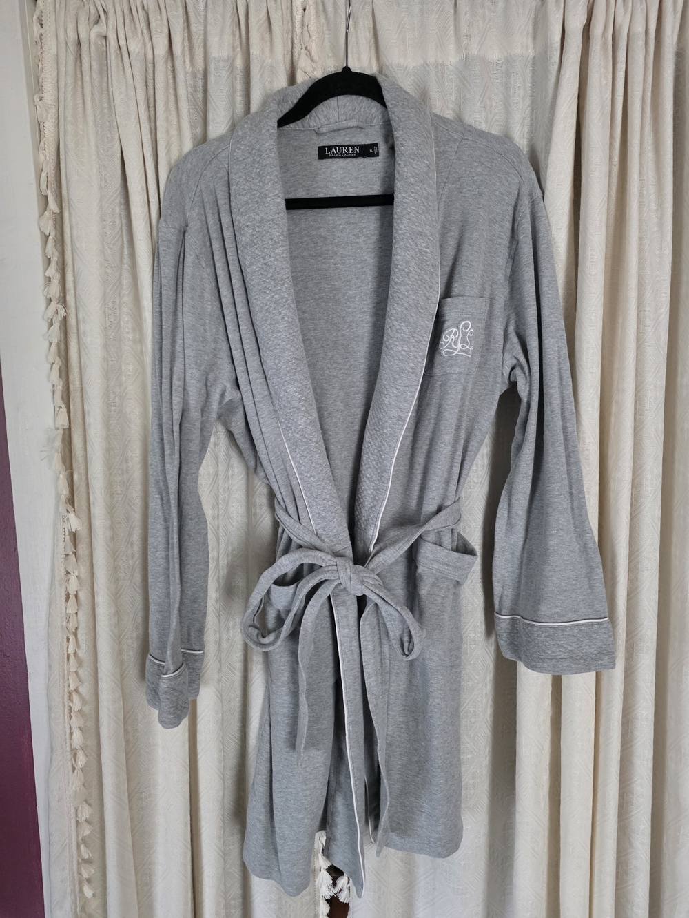 Lauren Ralph Lauren Heather Gray Knit Shawl-Collar Robe with Monogram